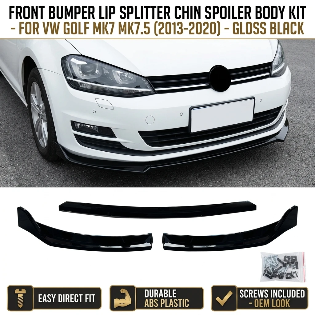 Per VW Golf MK7 MK7.5 Spoiler Labbro Splitter Anteriore Kit Carrozzeria R GTD GTI TSI TDI 2013-2020 Spoiler Labbro Paraurti Anteriore Nero Lucido Diffusore Labbro Sottoscocca in Plastica ABS Durevole