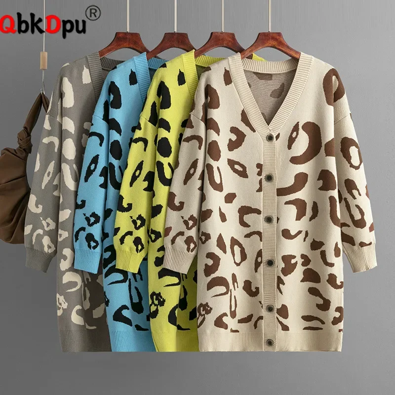 Leopard Print Design Knitted Cardigan Tops Women Casual V-neck Single Breasted Knit Sweater Coats Long Sleeve Loose Abrigos New