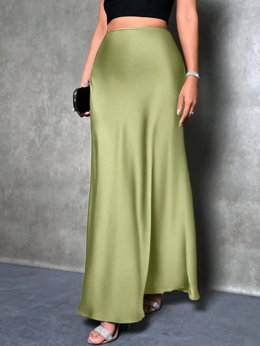 Silk Satin Half Skirt Simple Design Long Skirt Spring Summer New Style Women's Fashion High Waist A-Line Skirt Casual Wear view 2