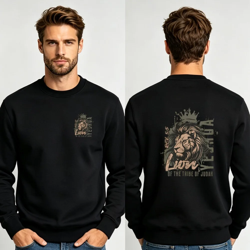 Lion of The Tribe of Judah Crown Lion Christian Crewneck Sweatshirt Double Sided Front Back Vintage Print Religious Pullover Top
