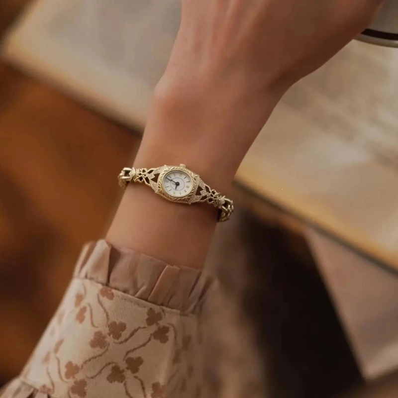 Medieval Vintage Women Watch Japanese Quartz Oval Carving Bracelet 18K Brass Fine Watch for Women