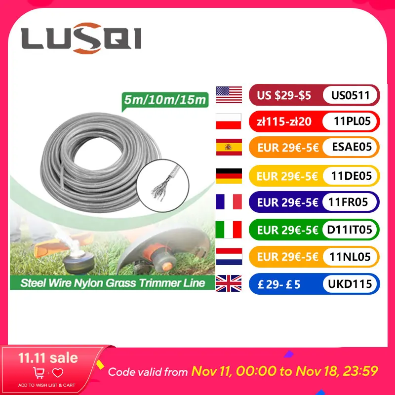LUSQI-cable de acero de nailon para cortacésped, desbrozadora de línea, cuerda para cortacésped, Rollo redondo largo, reemplazo de hierba, 5M/10M/15M