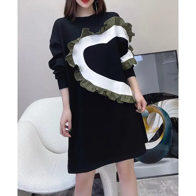 Design Sense Contrasting Colors Heart-shaped Ruffle Edge Splicing T-shirt Dress Women's Autumn European Goods New Short Dresses