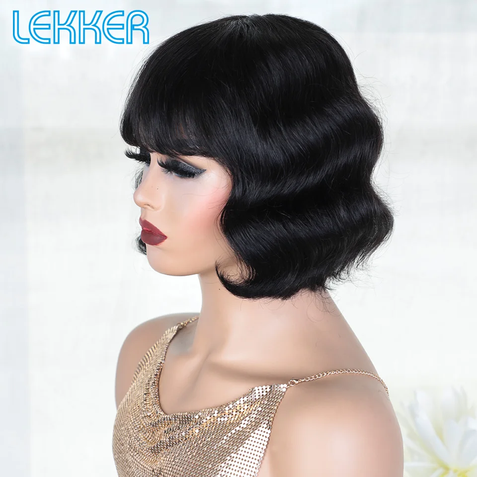 Lekker Short Deep Wavy Bob 100% Human Hair Wig With Bangs For Women Brazilian Remy Hair Full Machine Made Wear to Go Daily Wigs