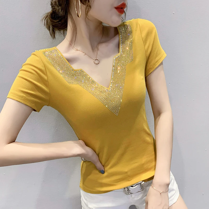 

Summer European Clothes Casual T-Shirt V-Neck Shiny Diamonds Women Tops Sexy Back Patchwork Lace Mesh Drilling Hot Tees 9327