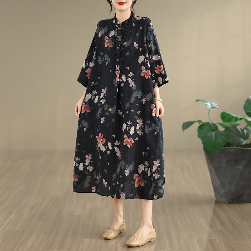 Summer New Retro Cotton Linen Print Dress Stand Collar Loose Oversize Holiday Style Robe Casual Long Skirt H Type Pattern