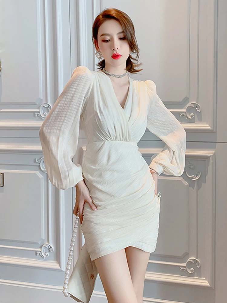 French Sweet Fairycore Dress for Women 2023 Chiffon Striped Folds Puff Sleeve Mini Clothes Femme Office Party Holiday Vestidos