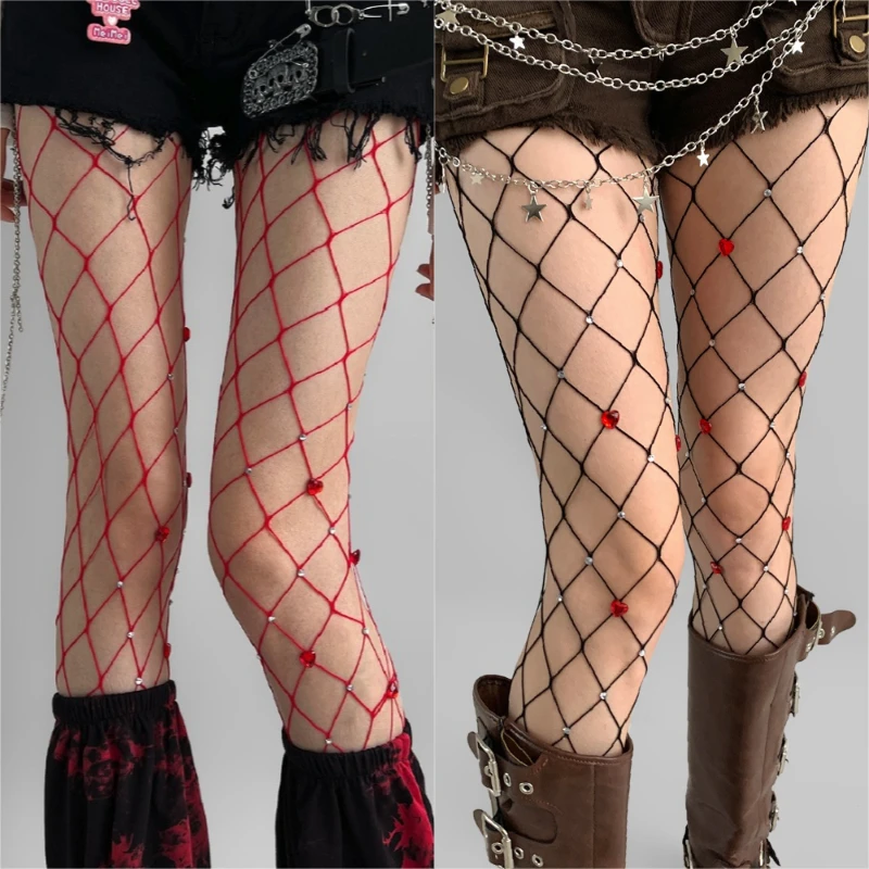 Women's Sexy Black Large Mesh Nylon Pantyhose Red Heart Shape Inlaid Rhinestones Tights Y2K Spicy Girls Thin Fishnet Stockings