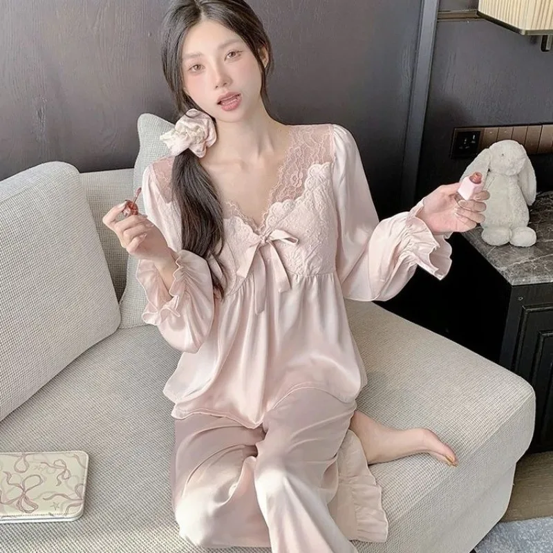 New Pajamas with Chest Pad Women Spring and Autumn Ice Silk Long Sleeve Pants Summer Anti-convex Point Thin Home Wear Comfort