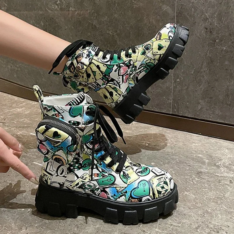 Thick-soled Women's Ankle Boots Fashion Printed Women Shoes High Quality Non-slip Motorcycle Boots New Gothic Style Women Boots