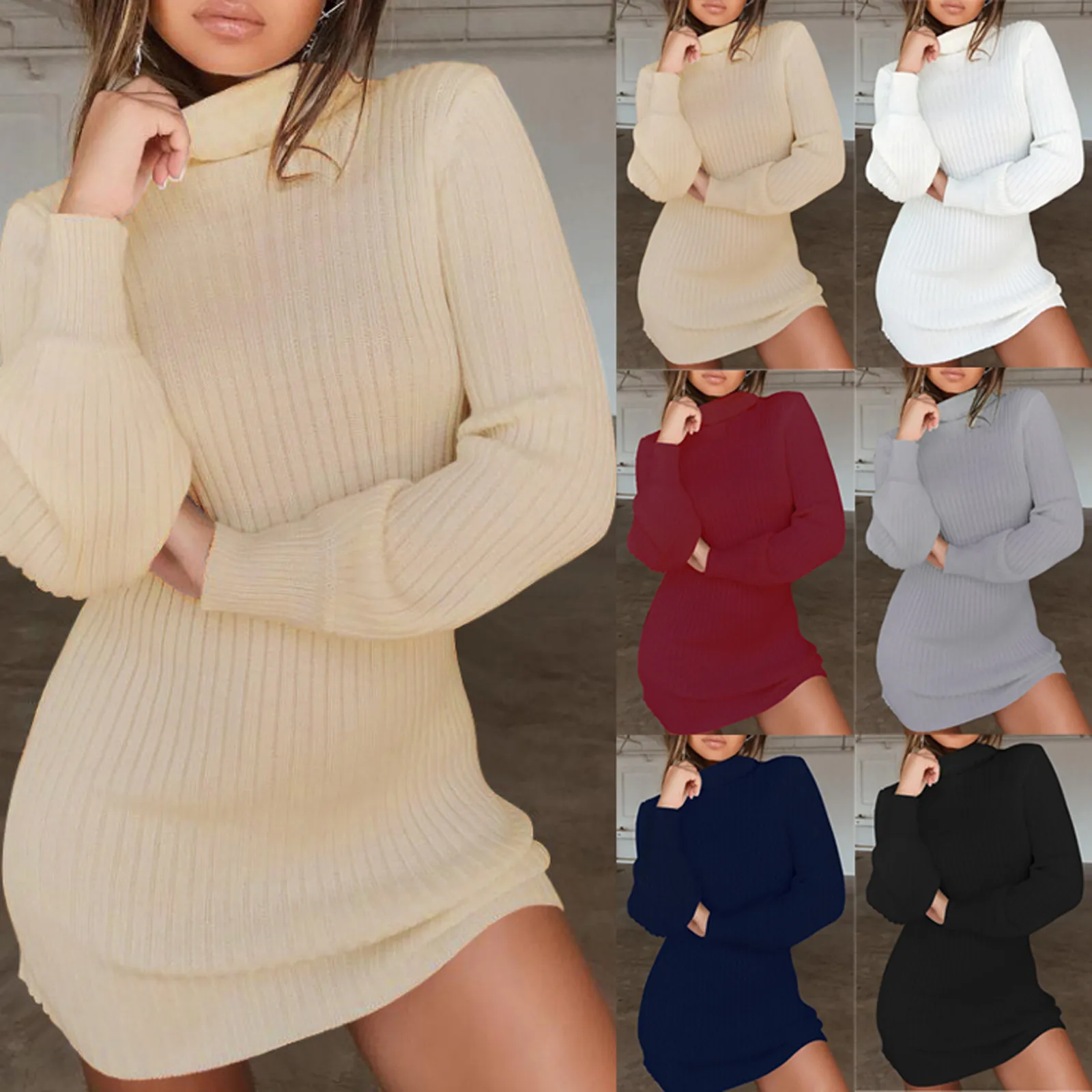 Autumn Knit Sweater Dress Women Long Sleeve Turtleneck Soild Colour Mini Dresses Fashion Loose Warm Vestidos Casual