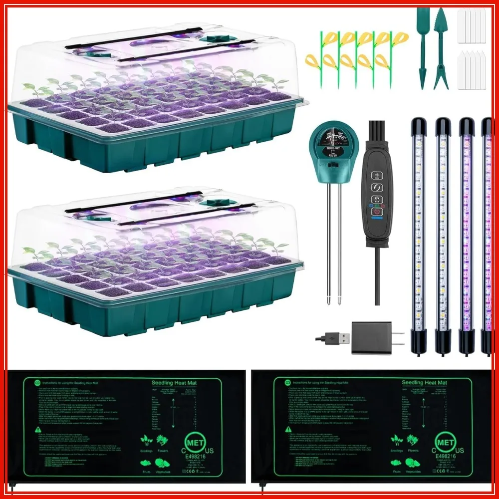 

Seed Starter Tray with Grow Lights, Heat Mat, 3-in-1 Soil Meter, 80-Cell Propagation Kit for Indoor Plants, 2-Pack