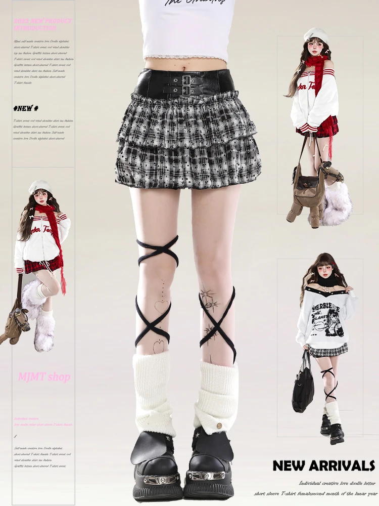 

High Waist A-Line Skirt Women's Autumn Winter Plaid PU Leather Skirts Flared Slimming Short Skirts Cake Skirts