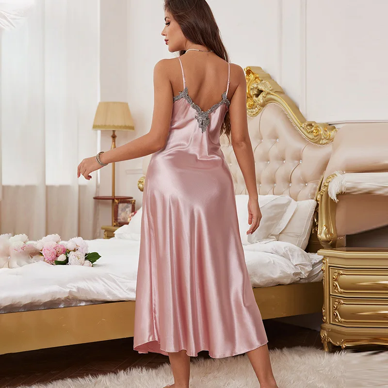 Lace Applique Nightgown Satin Lady Sleep Dress Summer Women Long Sleepdress Nightdress Backless Sleepwear Nighty Gown