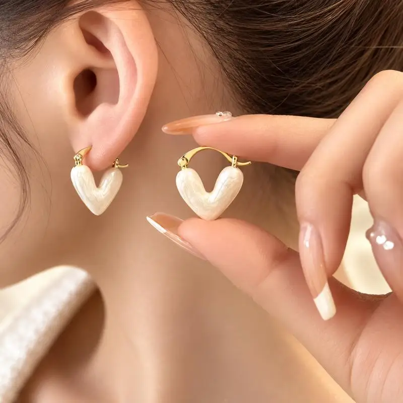 Heart Huggie Hoop Earrings, Glossy Love Heart Drop Earrings, Cute Statement Earrings for Women, Trendy Gift Jewelry