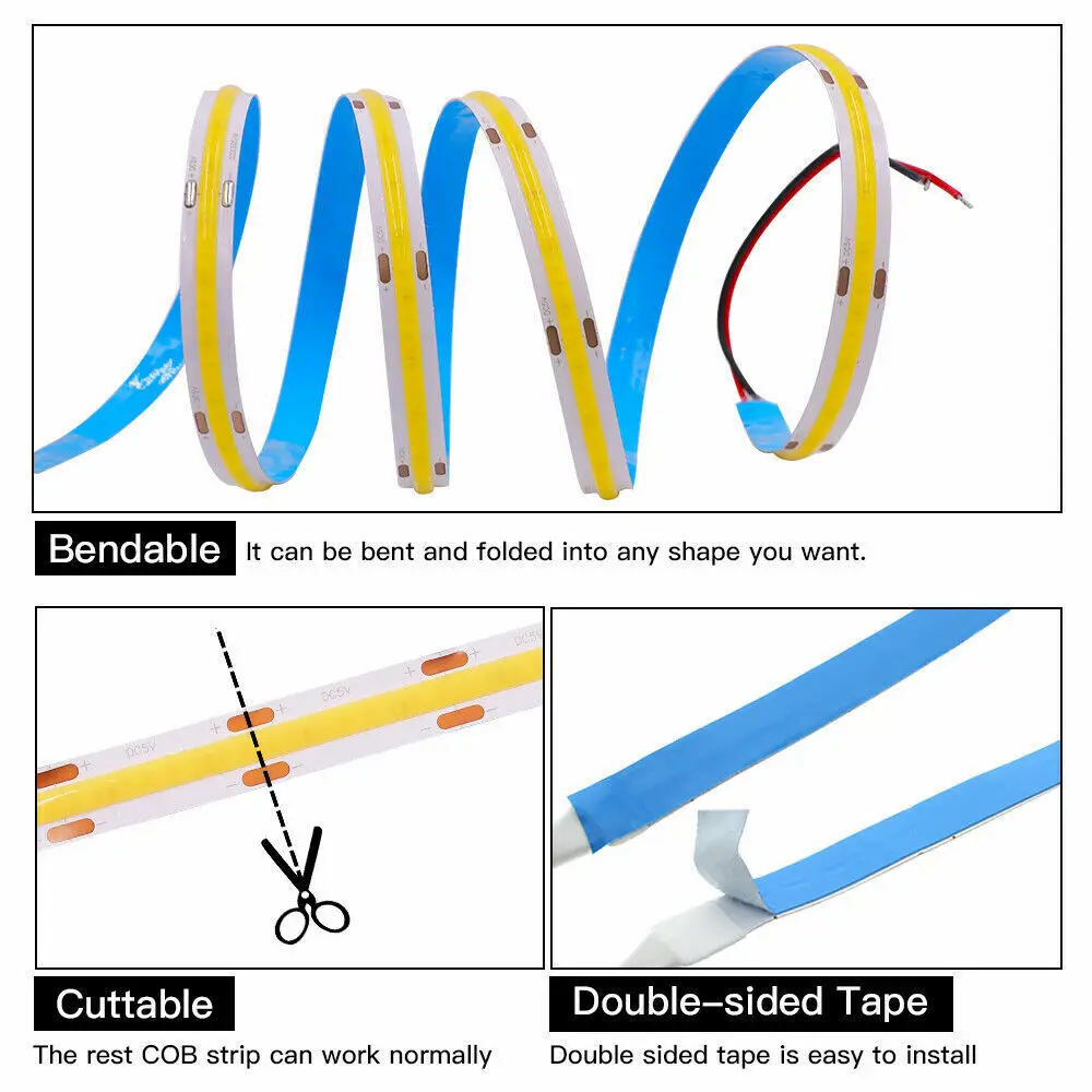 High Quality Cri90 Free Cutting 12V 24V 3mm 5mm 8mm Cob Led Strip Dimmable Self-adhesive Led Strip Light