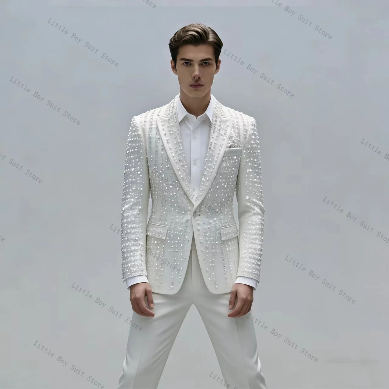 

Luxury White Men Suit Set 2 Pieces Jacket Blazer+Pants Trousers Spring Wedding Tuxedo Formal Office Party Coat Customized