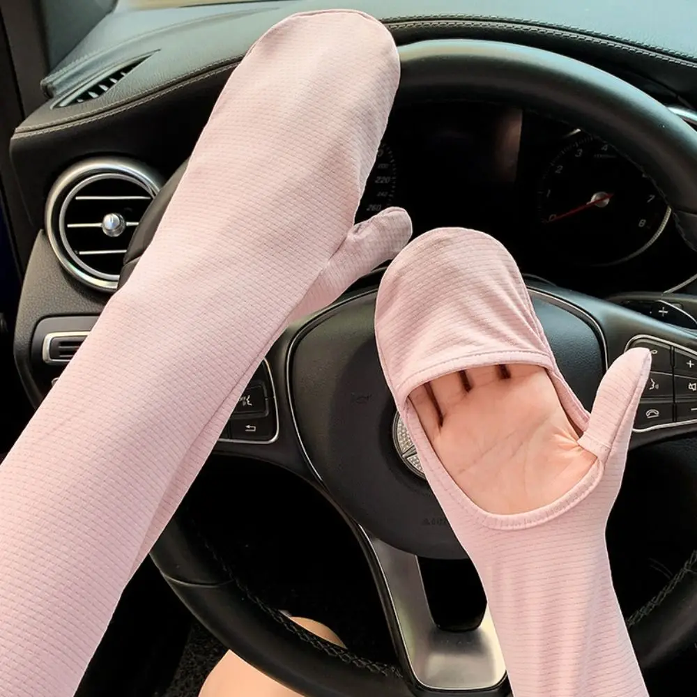Simple Solid Color Long Ice Silk Sleeves Thin Elastic Sunscreen Arm Covers UV Insulation Anti-UV Cycling Gloves Women