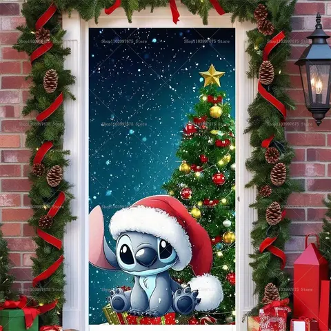 Cartoon Lilo & Stitch Door Cover Winter Christmas Sign Banner Children's Birthday Party Photo Backdrop Decoration Party Supplies