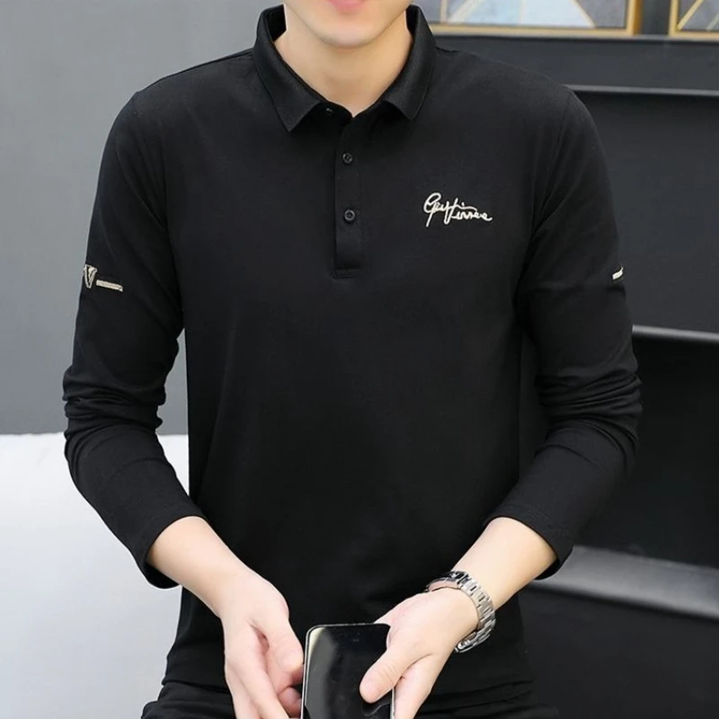 

Мужская весенне-осенняя приталенная рубашка-поло с длинными рукавами, повседневный топ с вышитыми лацканами, модная молодежная хлопковая футболка