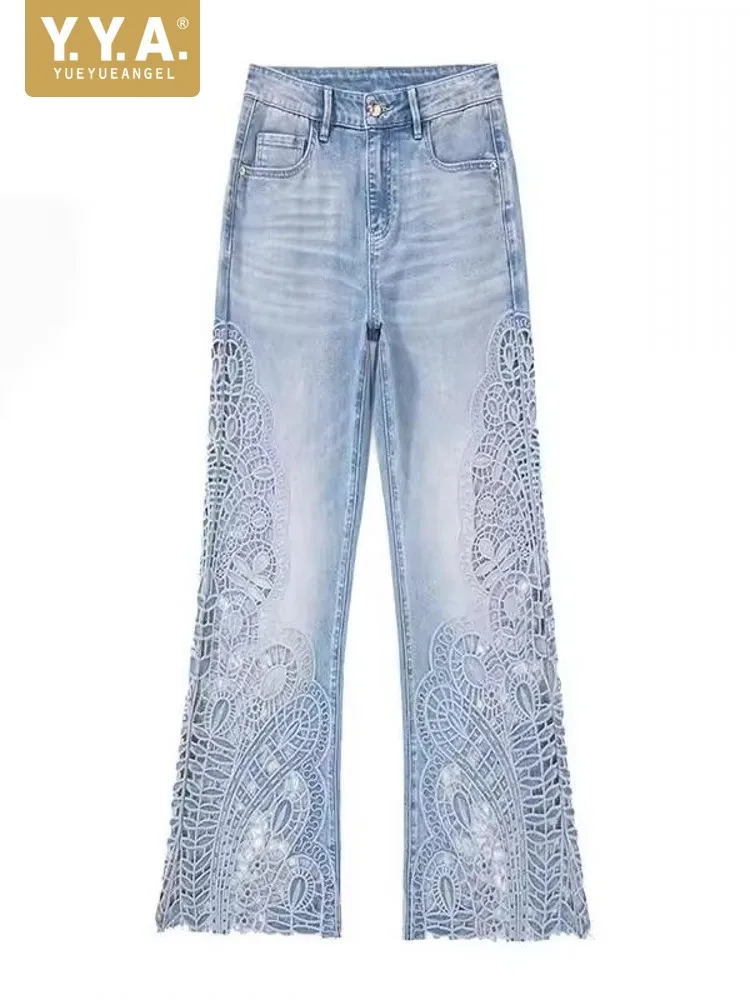 

Новые дизайнерские женские вязаные крючком полые джинсы с высокой талией, широкие брюки, модные элегантные женские офисные джинсовые брюки, брюки