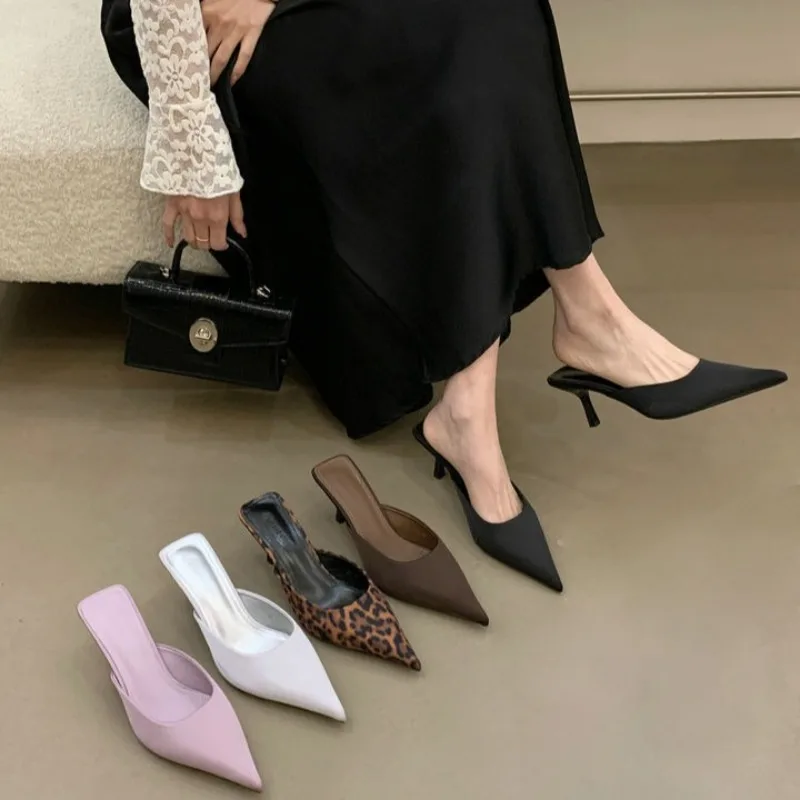 

2025 New Womens Slippers Fashion Pointed Leopard Print Thin-heeled Slippers Luxury High-heeled Single Shoes Women Muels Slippers