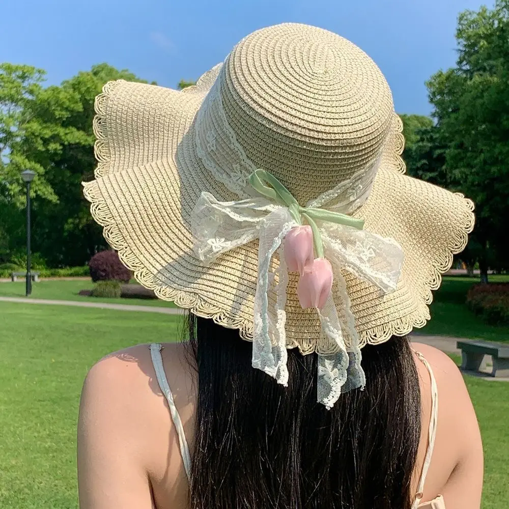 Lace Trim Straw Sun Hats Women Wide Brim Beach Cap with Bowknot Tulip Elegant Lady Floppy Tea Party Hats Summer Travel Headwear