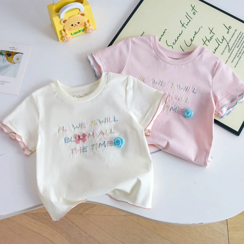 

Korean Kindergarten Girl Baby Summer Versatile Casual Short Sleeve2025New Letter Embroidery Crew Neck Base ShirtTT-shirt