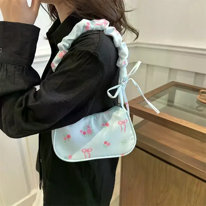 1Pcs Cute Flower Bow Print Canvas Shoulder Bags New Korean Girl Handbags Outdoor Travel Women Keys Phone Messenger Bag
