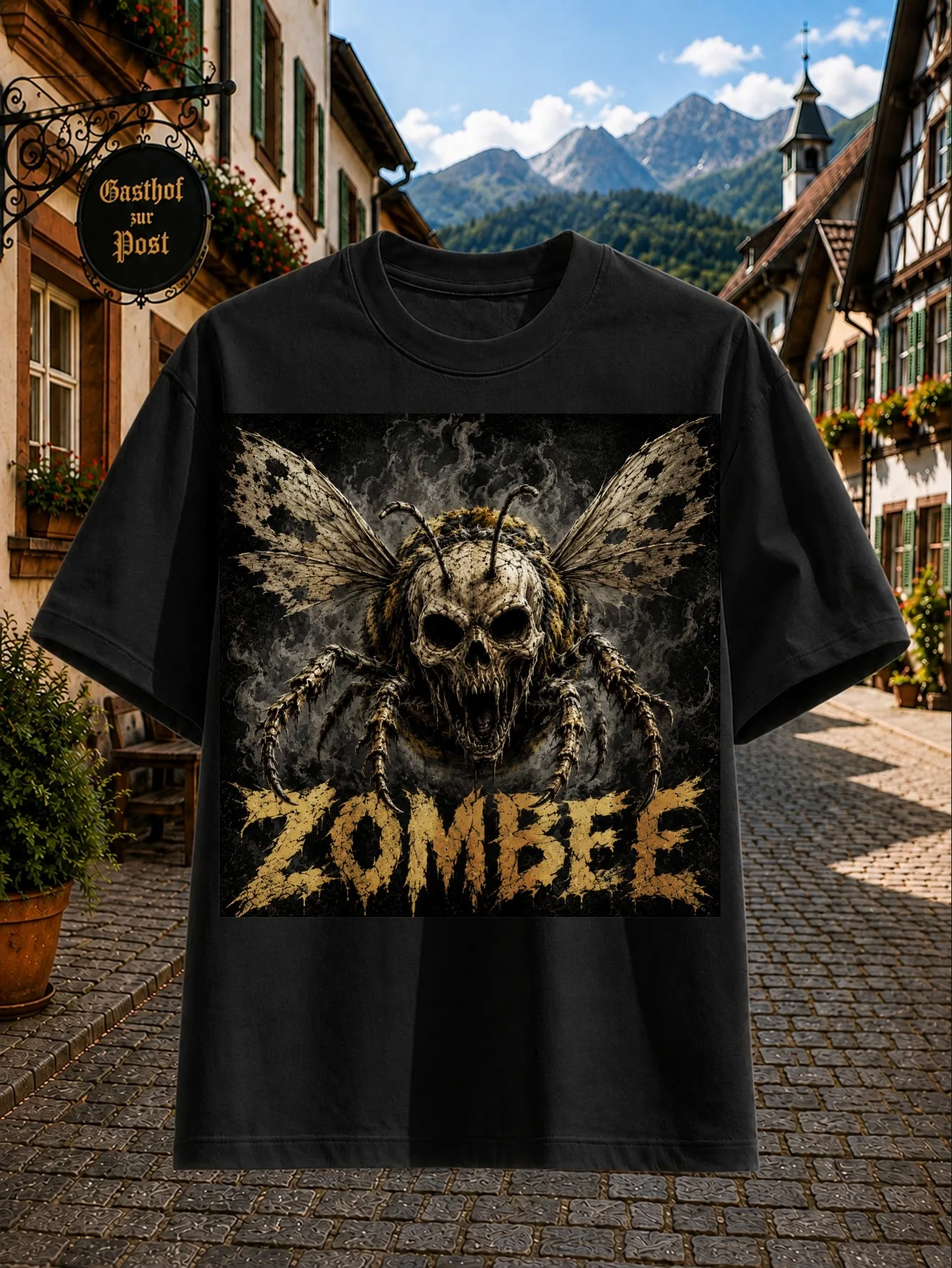 Zombie Bee T-Shirt Faced Winged Bee Monster Smoke Distressed Golden ZOMBEE Text and Dark Horror Grunge Artwork Unisex T-Shirt