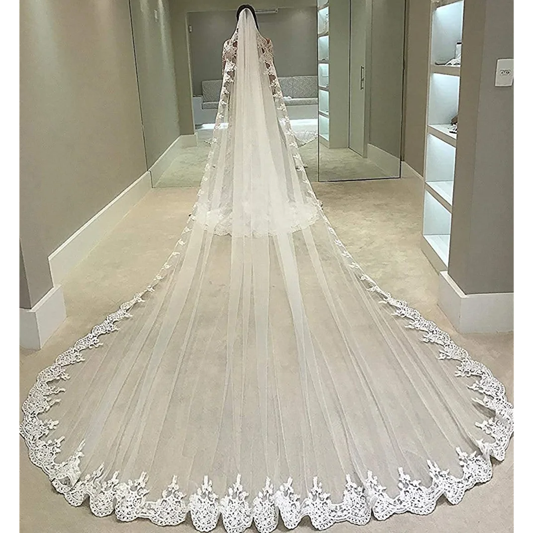 

Elegant Lace Wedding Veils 3M Long Cathedral Ivory Brush Tail Bridal Veil New Tulle Exquisite Appliques Sparkly Custom Made