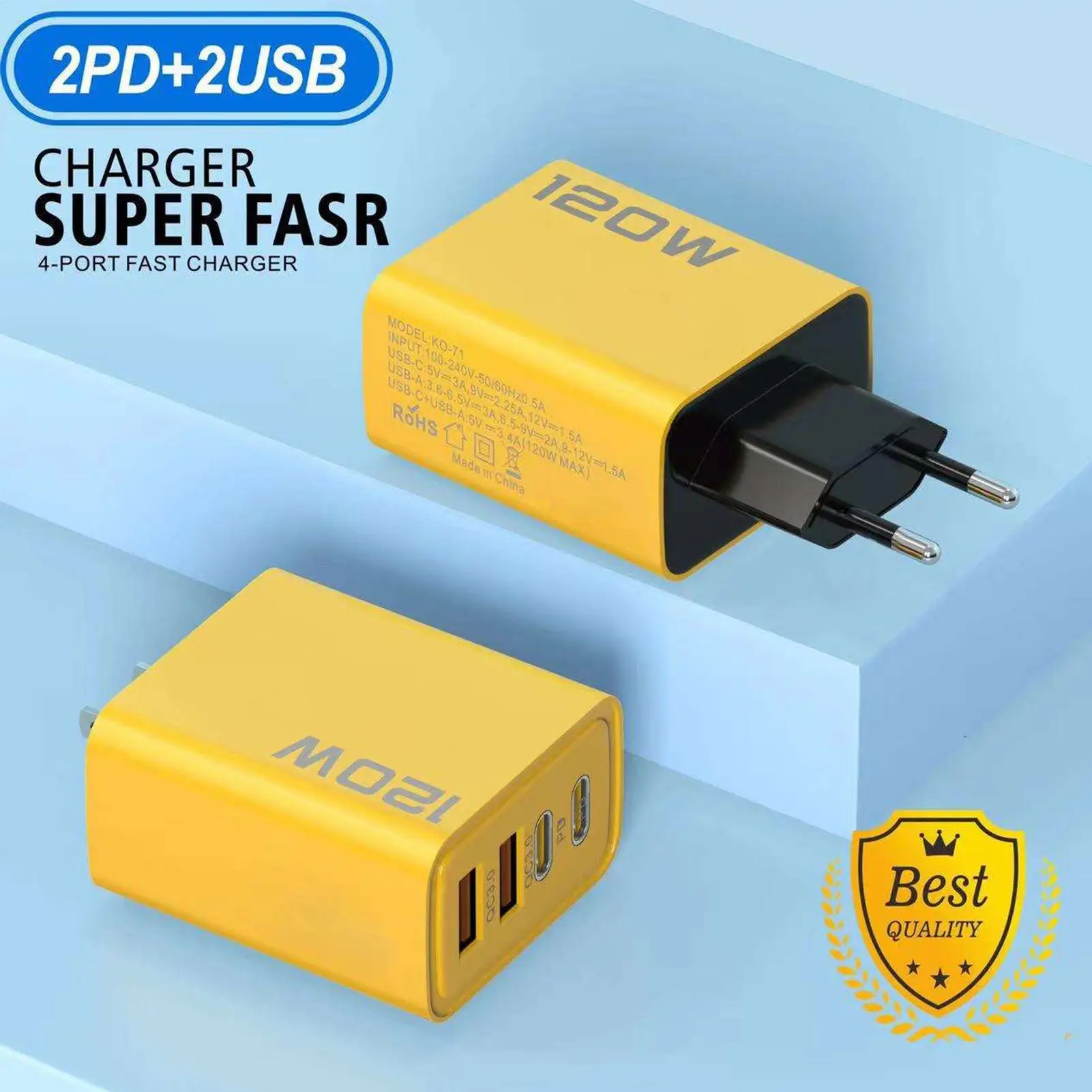 120W 3.0 USB Fast Phone Charger Type C Quick Charge Charging Adapter 2PD 4 Ports EU Plug