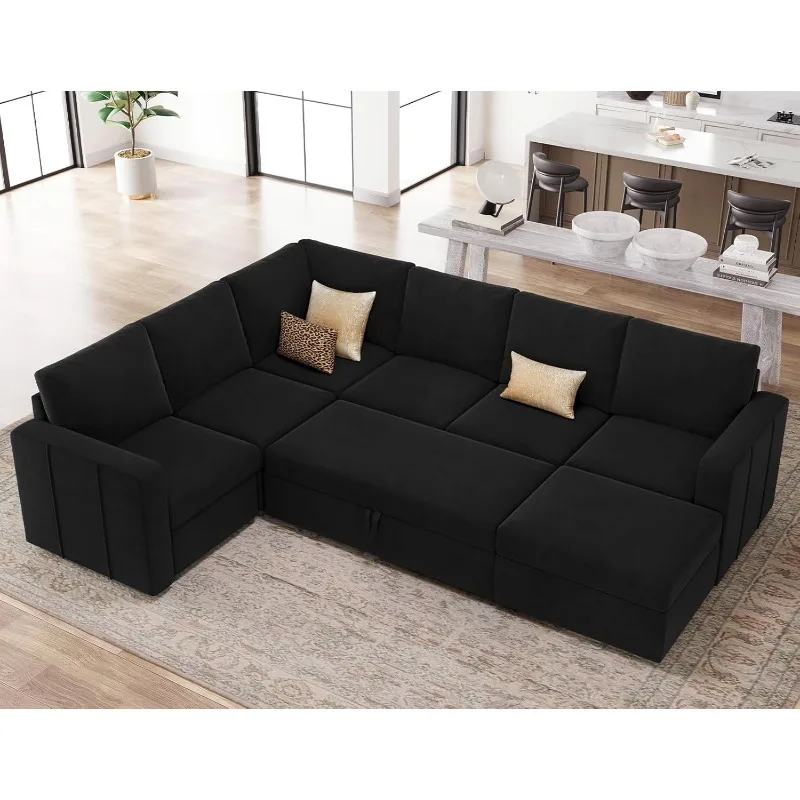 

Sectional Sleeper Sofa with Pull Out Bed and Storage Ottoman Velvet U Shape Sleeper Sectional Couch Oversized Co
