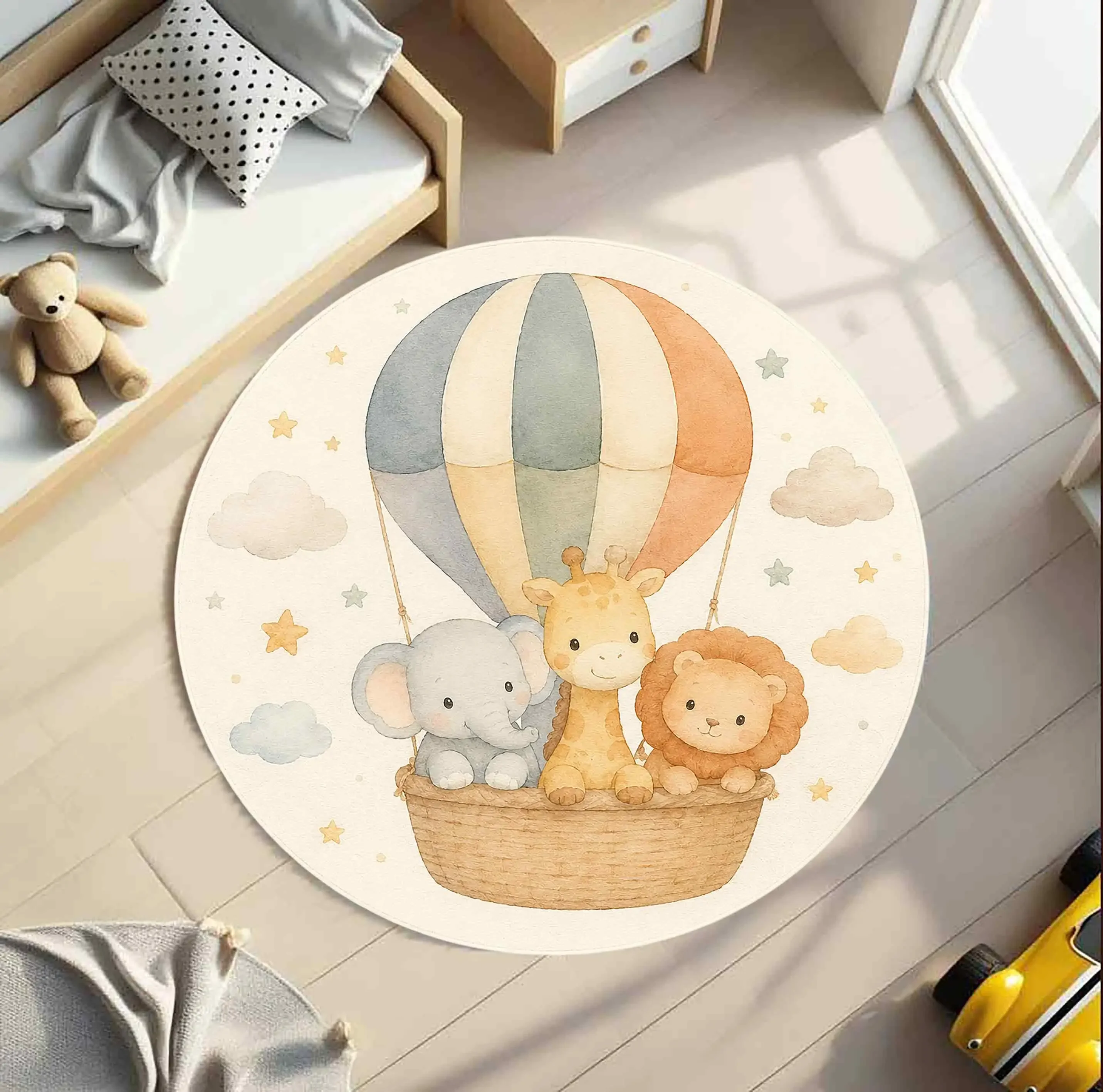 Watercolor Hot Air Balloon Animal Pattern Round Rug living room sofa rug game room bedroom bedside decor Washable Rug Present