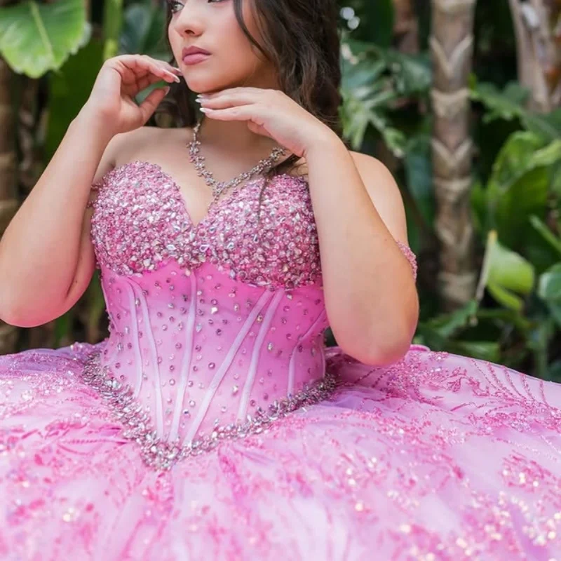 

Shiny Pink Quinceanera Dress off-shoulder crystal glitter Decal Long tail Bow Vestidos De 15 Quinceanera ﻿Customize