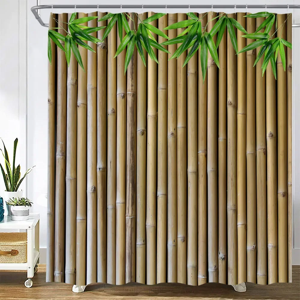 Brown Bamboo Shower Curtains Green Leaves Plant Spring Garden Scenery Wall Hanging Modern Fabric Bathroom Decor Bath Curtain Set