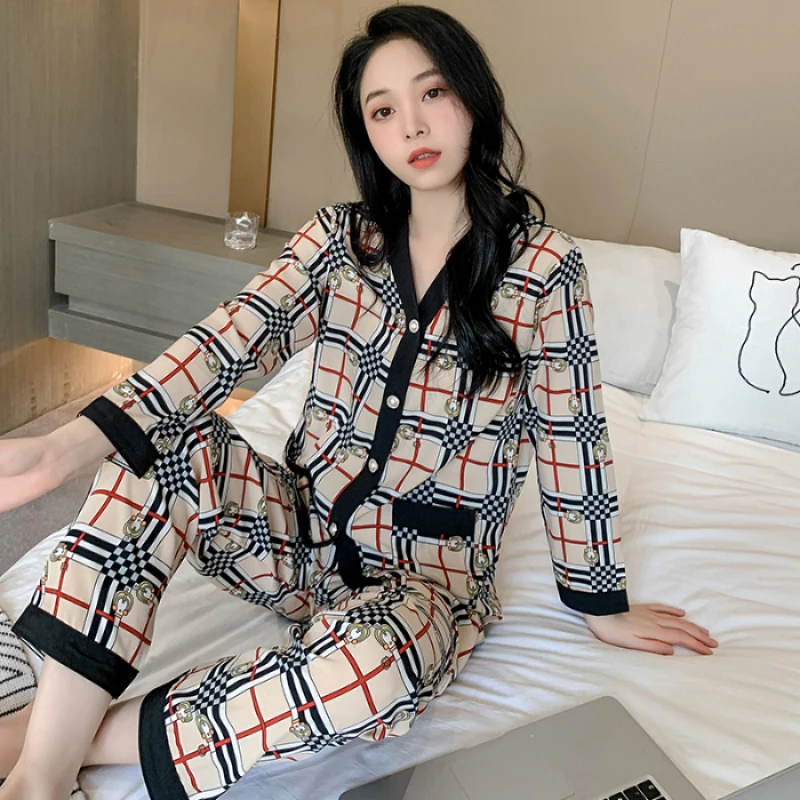 2024 Autumn New Ice Silk Women\'s Pajamas Two Pieces Sets Long Sleeve Pants Sleepwear Fashion Cute Letter Print Female Homewear