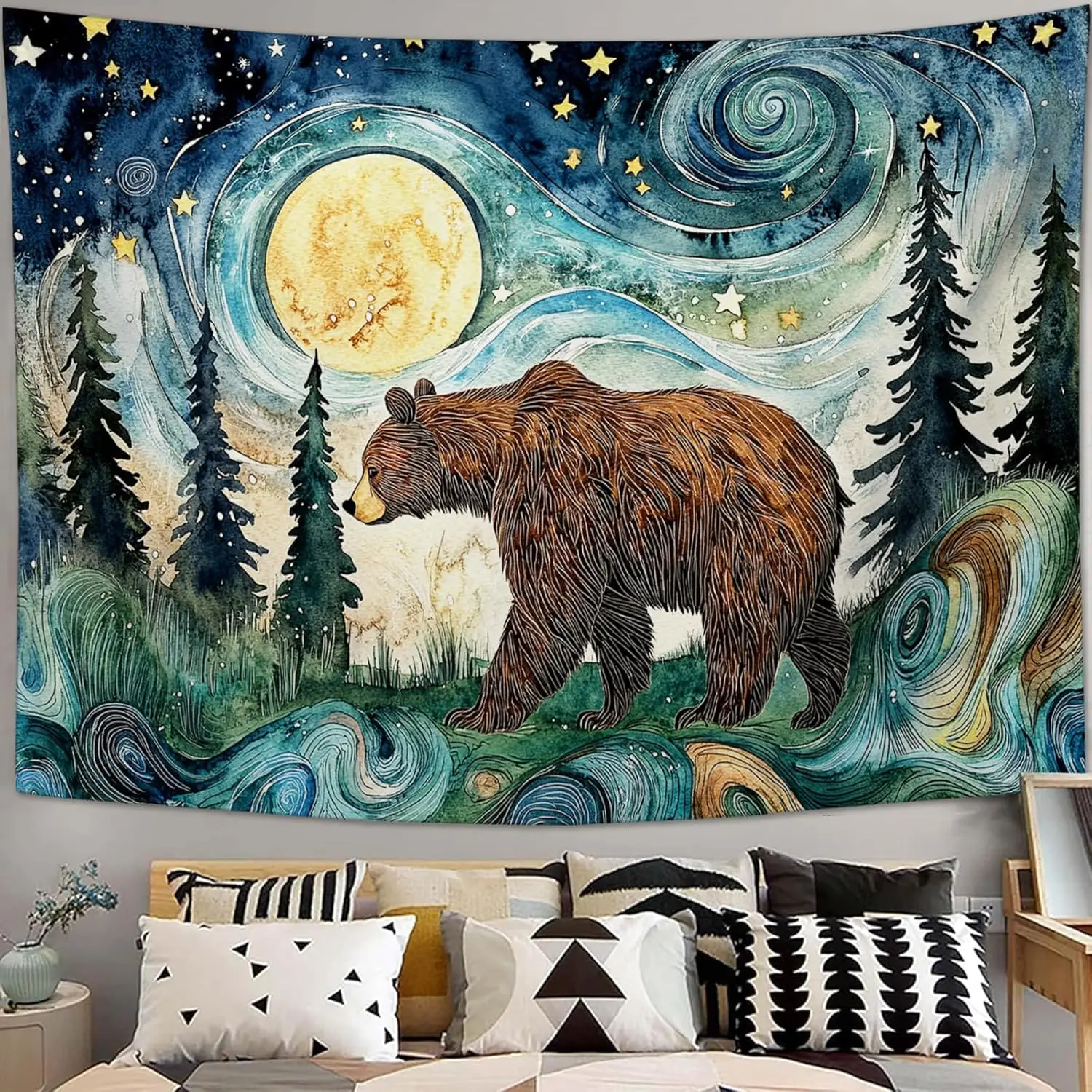 Bear Tapestry Wild Animal Aesthetic Tapestries Starry Night Forest Hanging Wall Art Decor Home Decoration for Bedroom Living