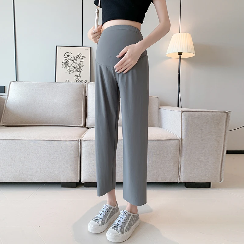 

2024 Maternity Summer Cool Clothes High Waist Pregnant Woman Straight Trousers Thin Fashion Pregnancy Casual Pants Wholesale