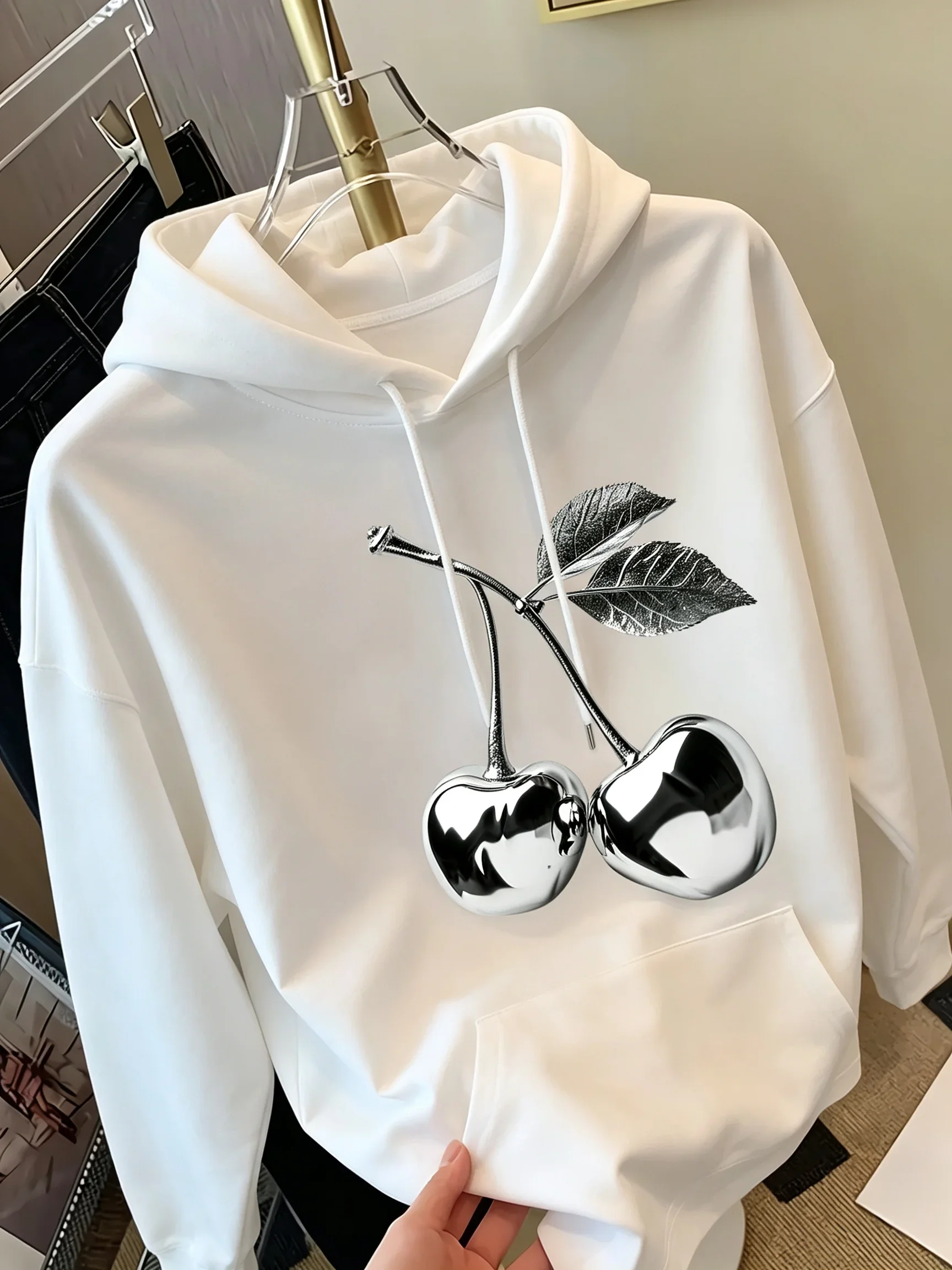 26 Golden cherry printed women's hoodie - fashionable casual top with elegant style. Multi-purpose and simple design for women