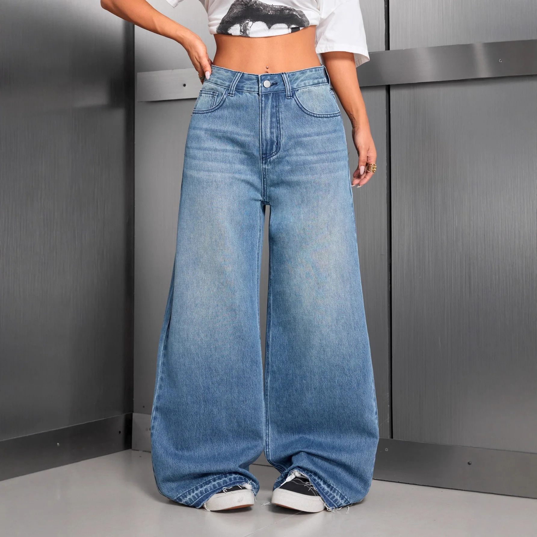 

Новинка 2025, женские универсальные однотонные широкие джинсы High Street, простые модные джинсовые брюки прямого кроя в американском стиле