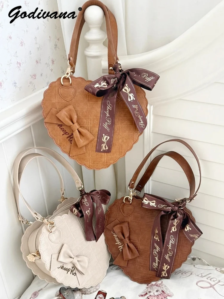 Lolita Chocolate Handbags Sweet Bow Girls Female Portable Heart-shaped Handbag Cos Women's Corssbody Bags