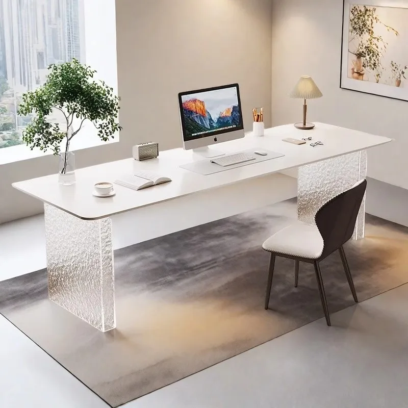 HYS light luxury acrylic rock slab desk, white silent wind sofa, double long computer desk, stone pattern desk
