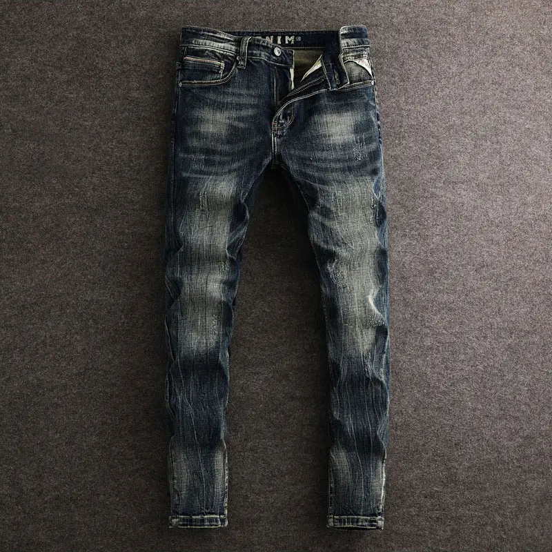 

Fashion Vintage Men Jeans Retro Washed Black Blue Stretch Slim Fit Ripped Jeans Men Embroidery Designer Denim Pants Hombre