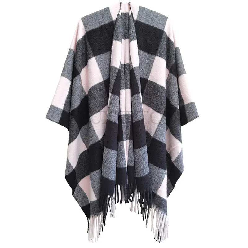 Women Faux Cashmere Air Conditioning Capes Female Long Thick Vintage Shawl Oversize Cardigan Plaid Winter Poncho Streetwear