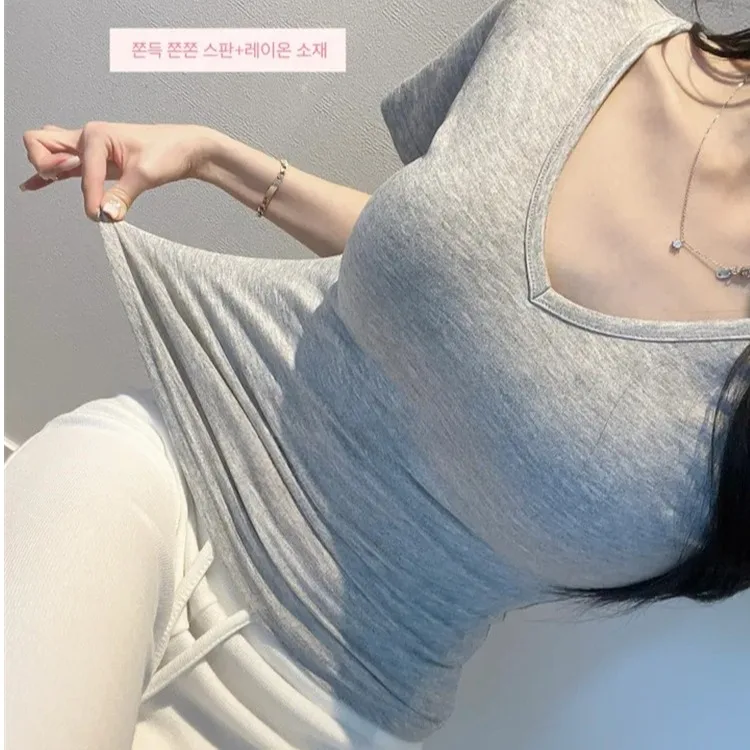 슬림핏 반팔 티셔츠 여성 여름 2025 신상 V넥 시스루 패션 한국 버전 면 혼방 니트 탑