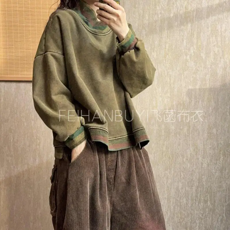 جديد الخريف الشتاء الفنون نمط المرأة طويلة الأكمام الياقة المدورة البلوفرات فضفاضة كل المتطابقة عادية رشاقته الدافئة هوديي جودة عالية