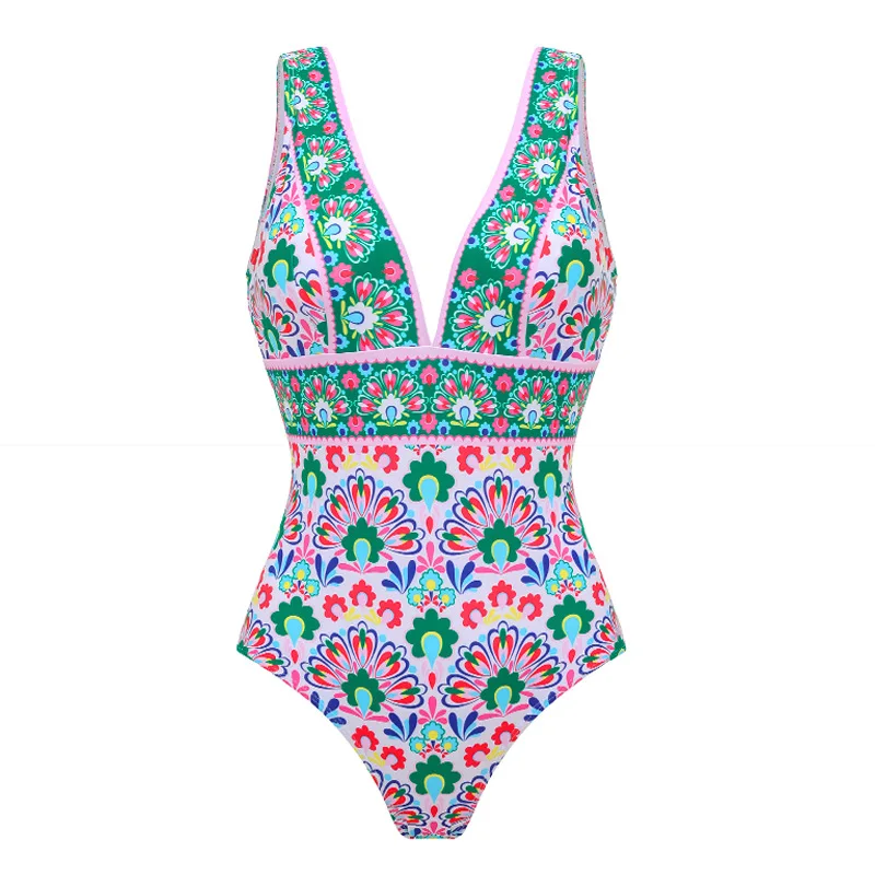 Cikini Conjunto de traje de baño de una pieza con estampado floral en V profundo para resort de playa Traje de baño de playa de verano para mujer