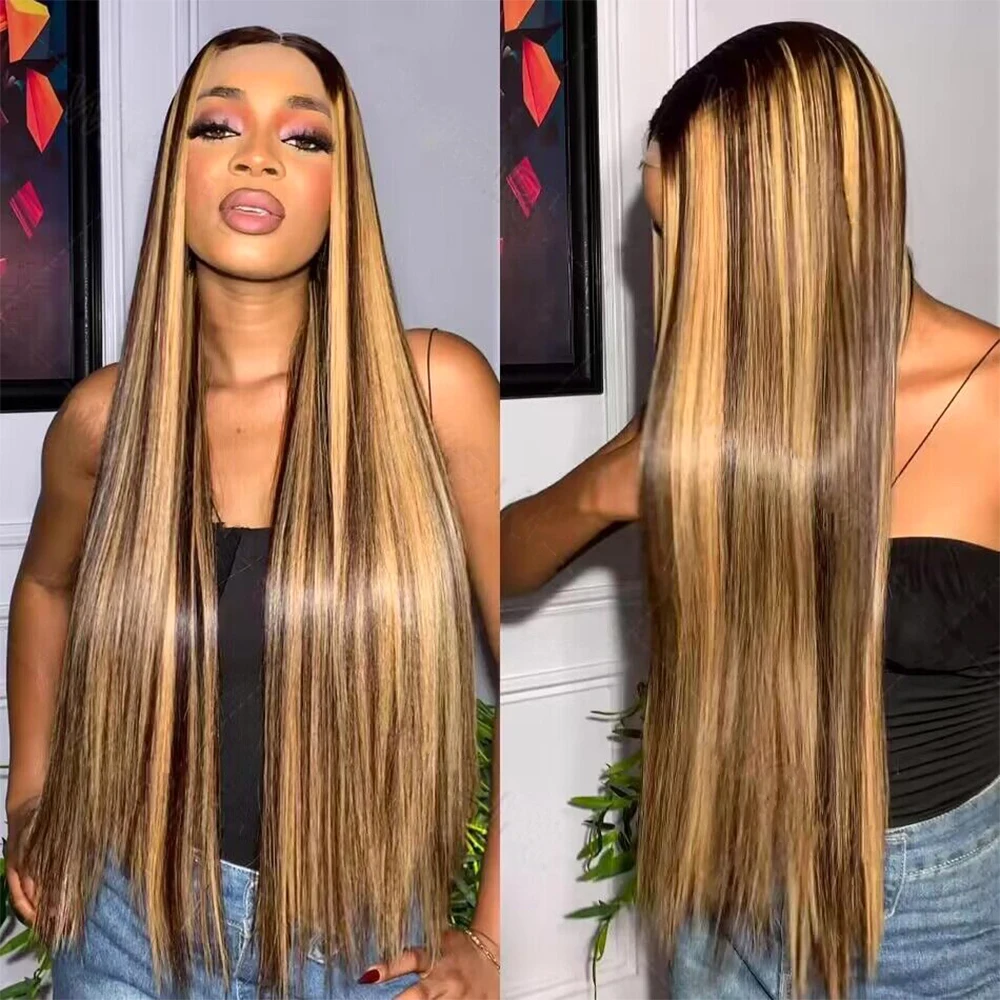 

P4/27 Highlight Ombre Brown Straight 13x4 13x6 HD Lace Human Hair Wig Honey Blonde Colored Pre-Plucked 42 46 Inch Wigs For Women