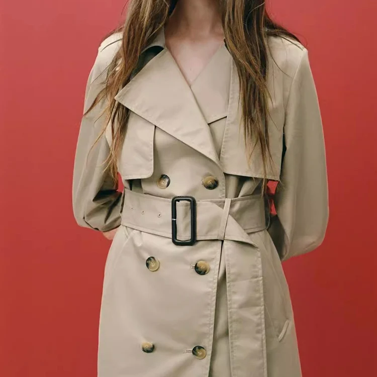 New 2024 Autumn Fashion Simple Long Sleeve Double Breasted Belted Coat Street Style Regular Thickness Long Length Windbreaker